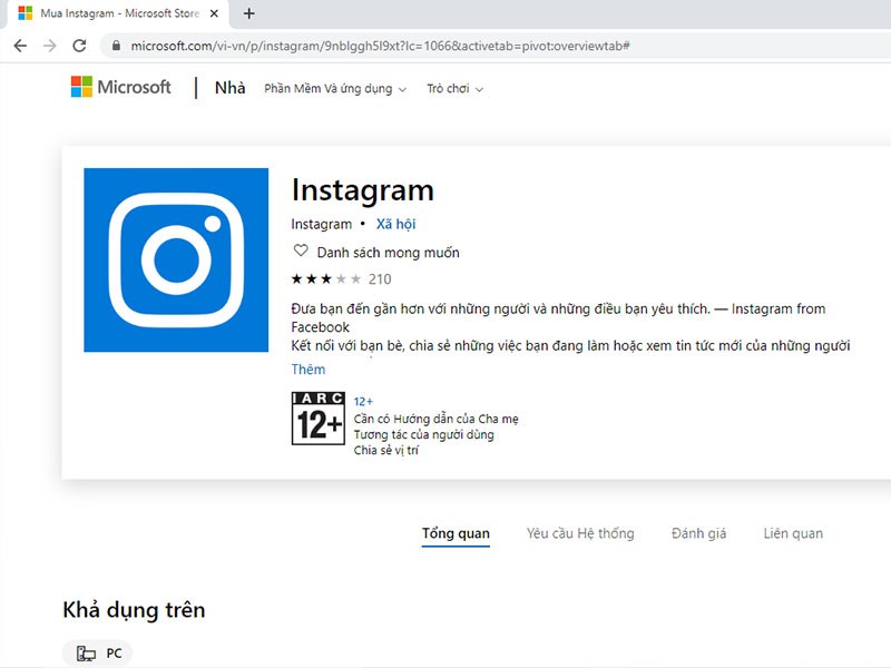Giao diện phần mềm Instagram ở Microsoft