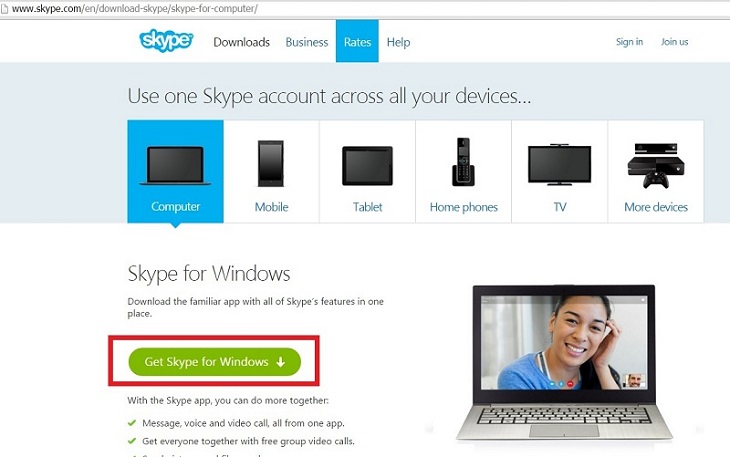 Giao diện trang chủ của phần mềm Skype